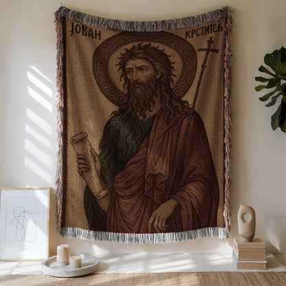 Religious Artwork with Saint Holding Scroll Tapestry