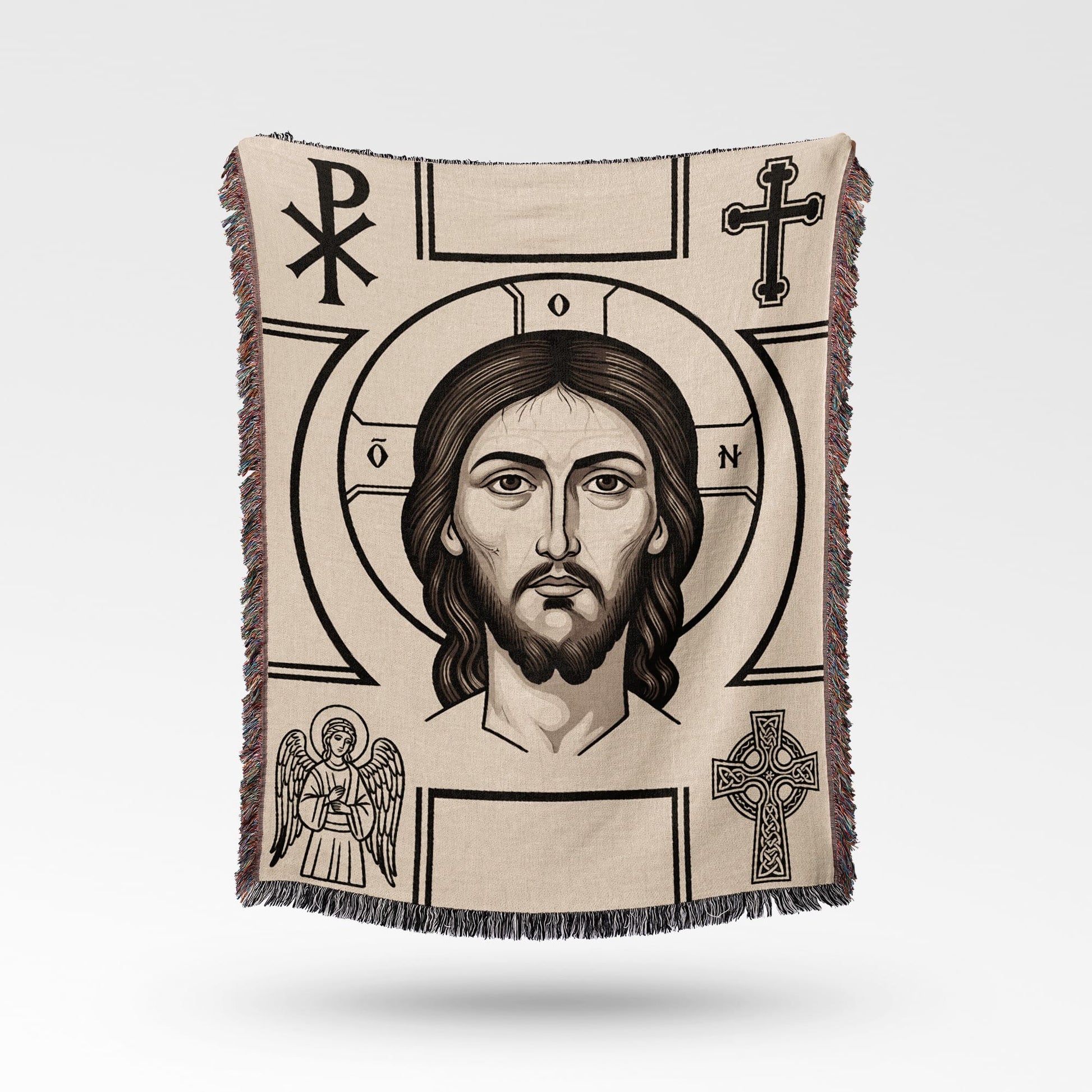 Tapestry featuring a central portrait of Jesus Christ surrounded by religious symbols.