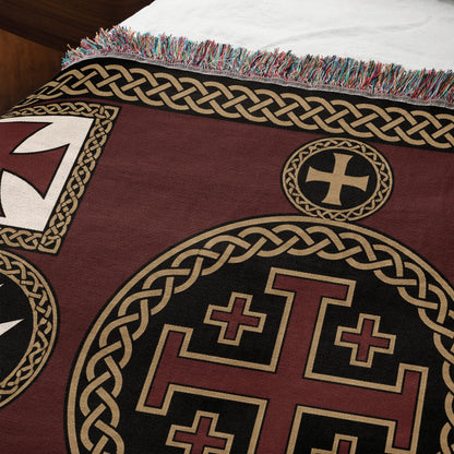 MyDesigns Medieval Tapestry Art Woven Blanket – Jerusalem Cross Medallion, Crusader Orders jacquard woven blanket