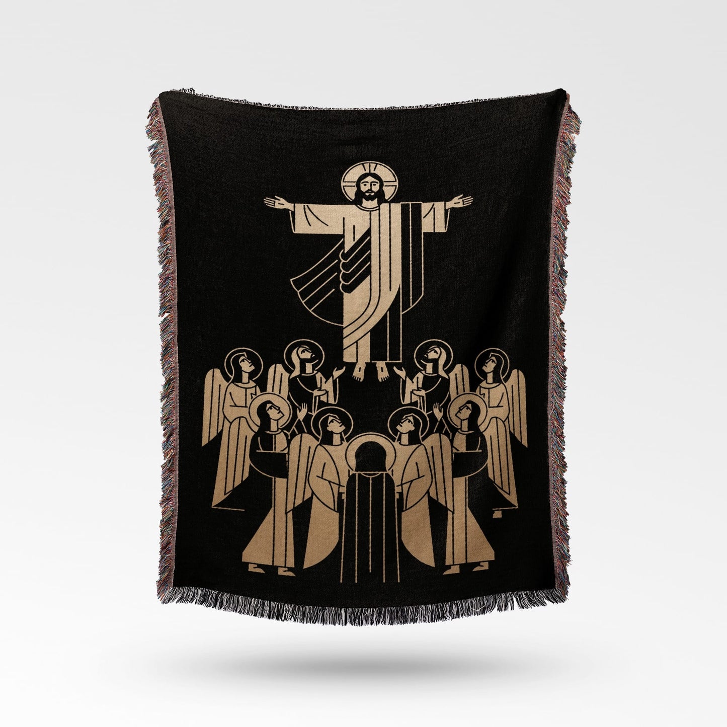 Black throw blanket with a gold design of Jesus surrounded by angels.
