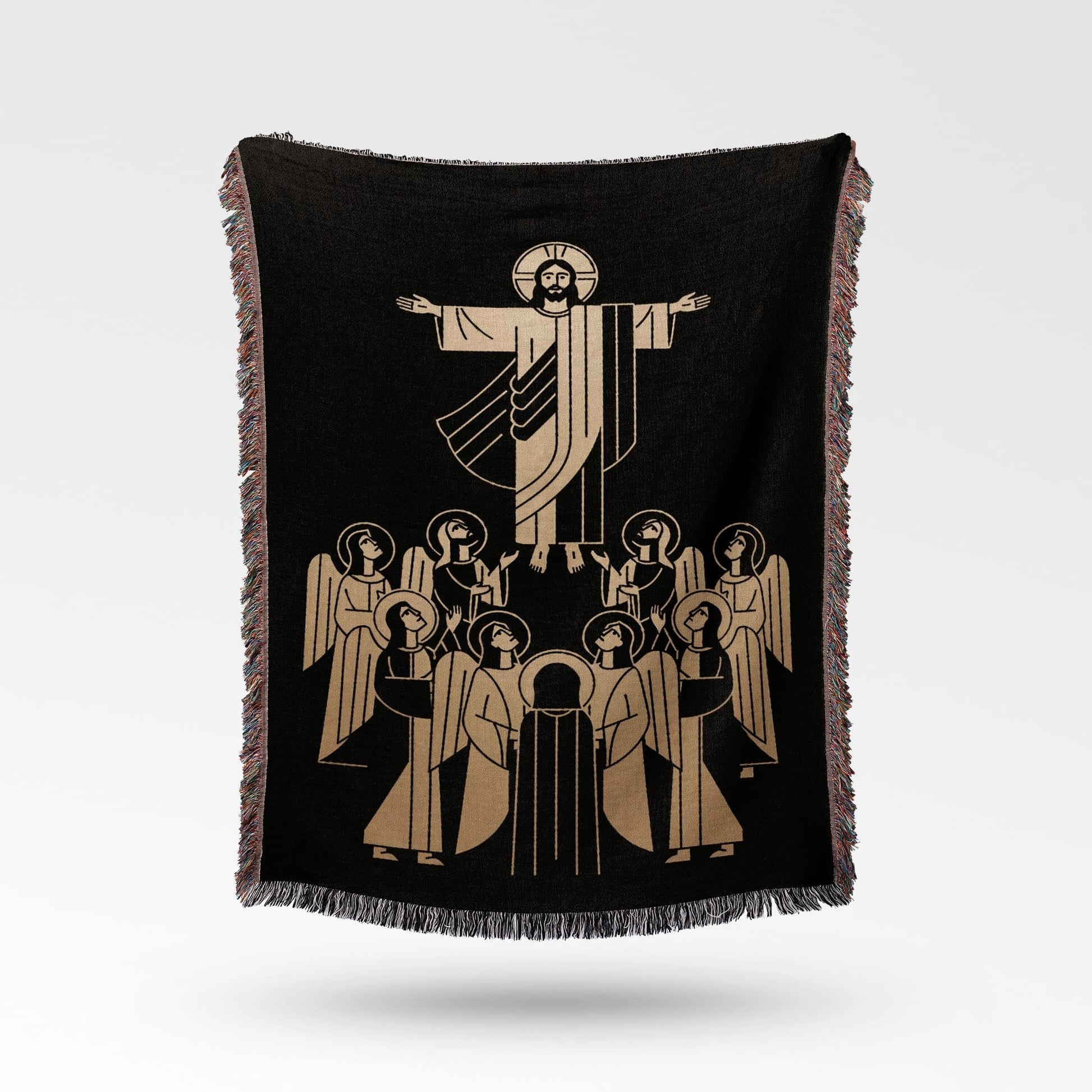 Black throw blanket with a gold design of Jesus surrounded by angels.