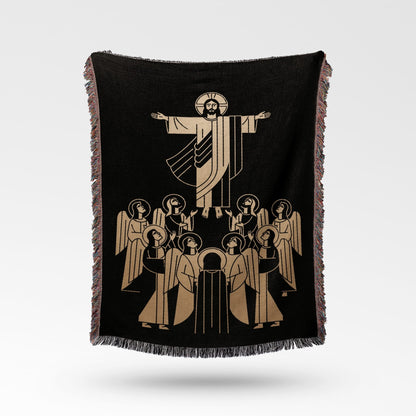 Black throw blanket with a gold design of Jesus surrounded by angels.