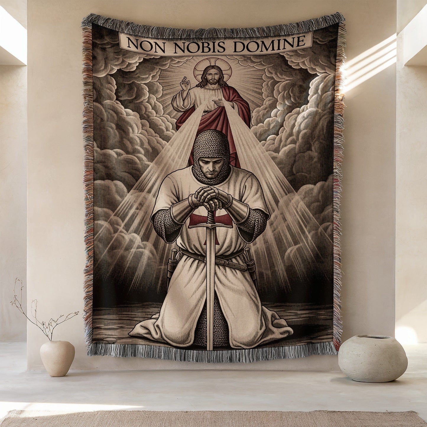 Non Nobis Domine Knight Kneeling with Sword Tapestry