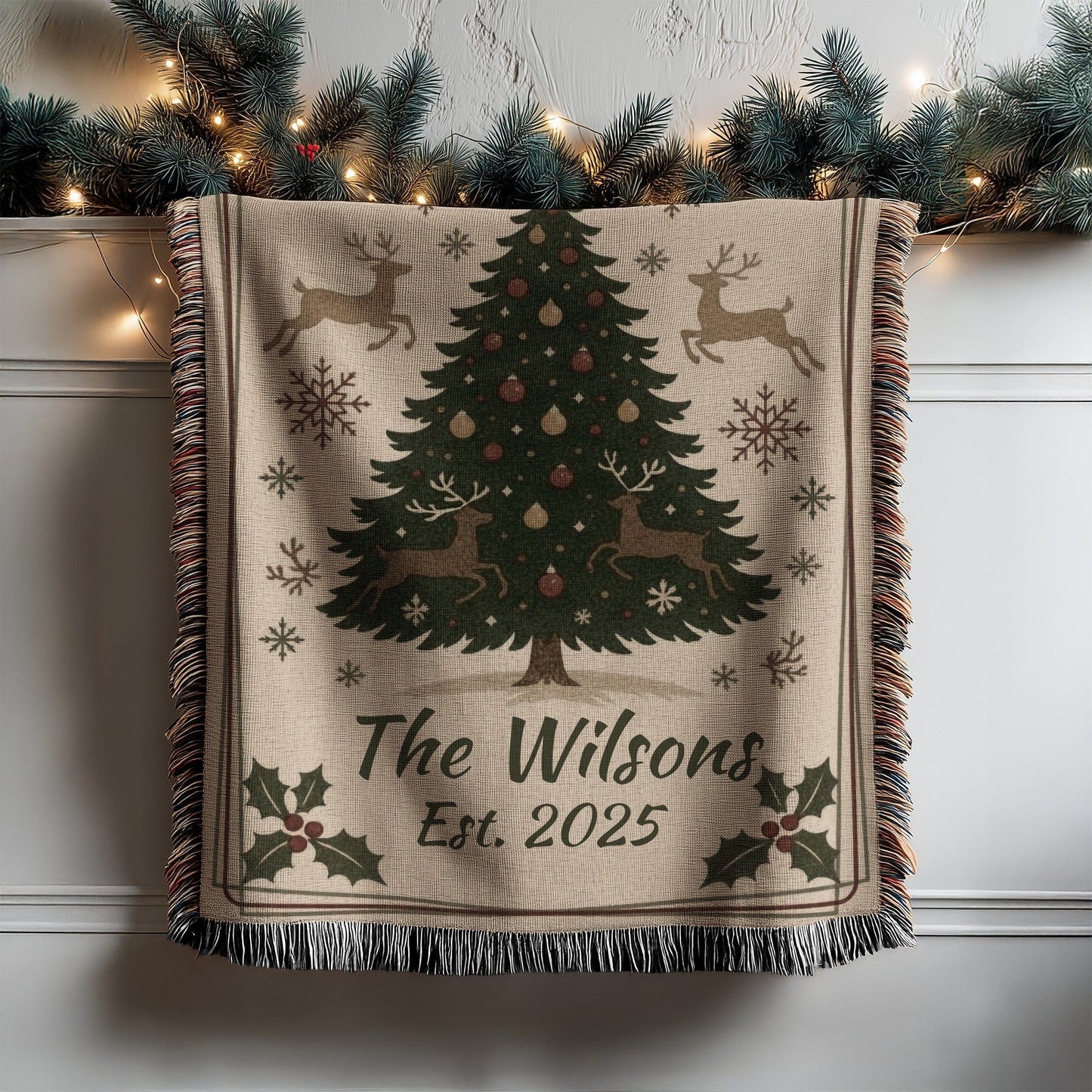 Christmas Blanket with Festive Tree and Deer Design