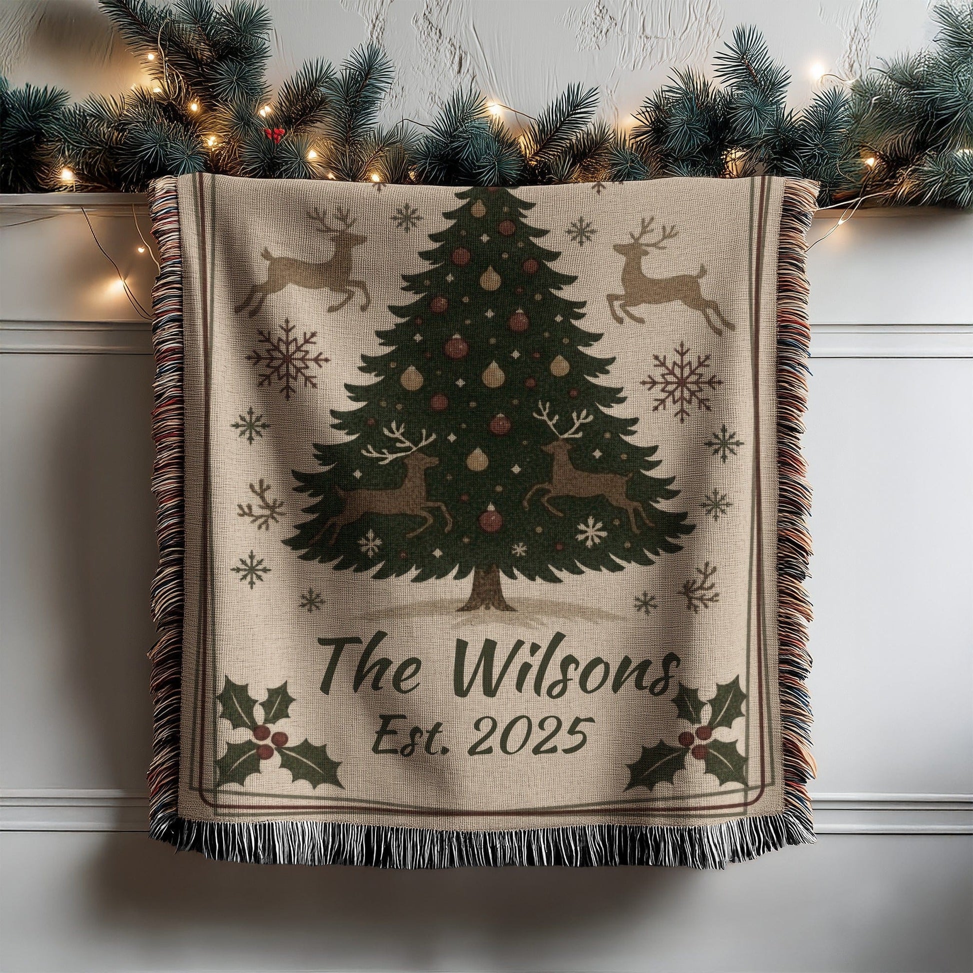 Christmas Blanket with Festive Tree and Deer Design