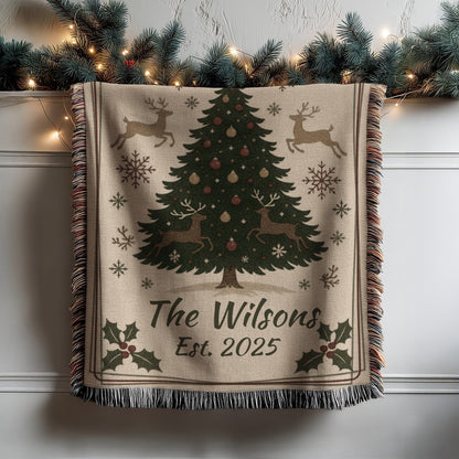Christmas Blanket with Festive Tree and Deer Design