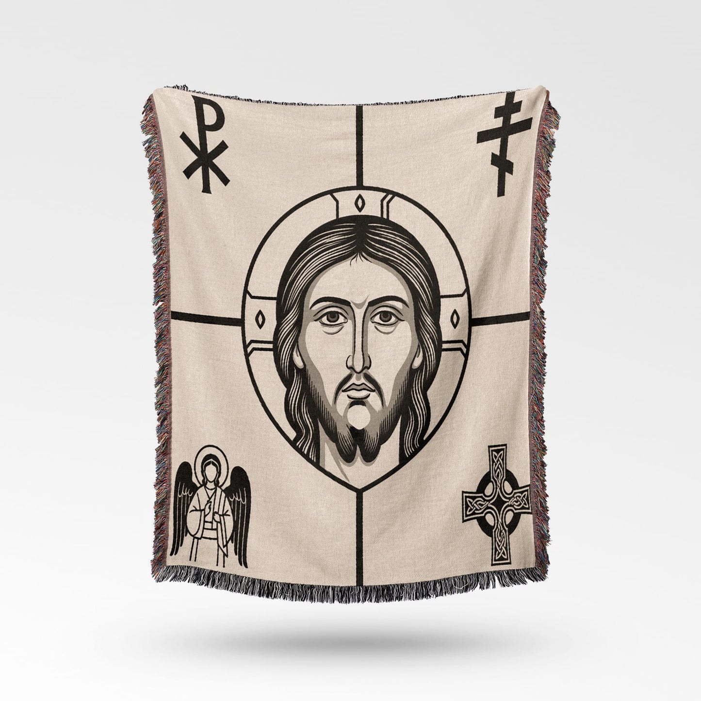 Religious tapestry with Jesus, angel, and Celtic cross.