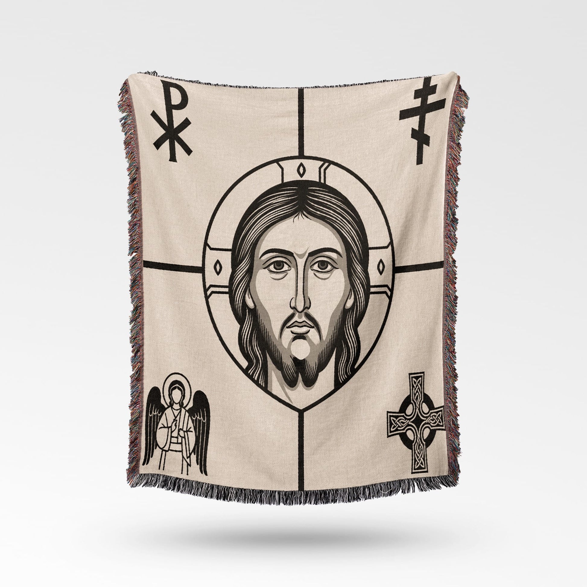 Religious tapestry with Jesus, angel, and Celtic cross.