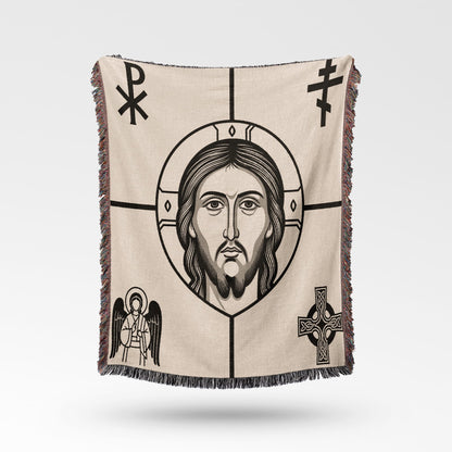 Religious tapestry with Jesus, angel, and Celtic cross.