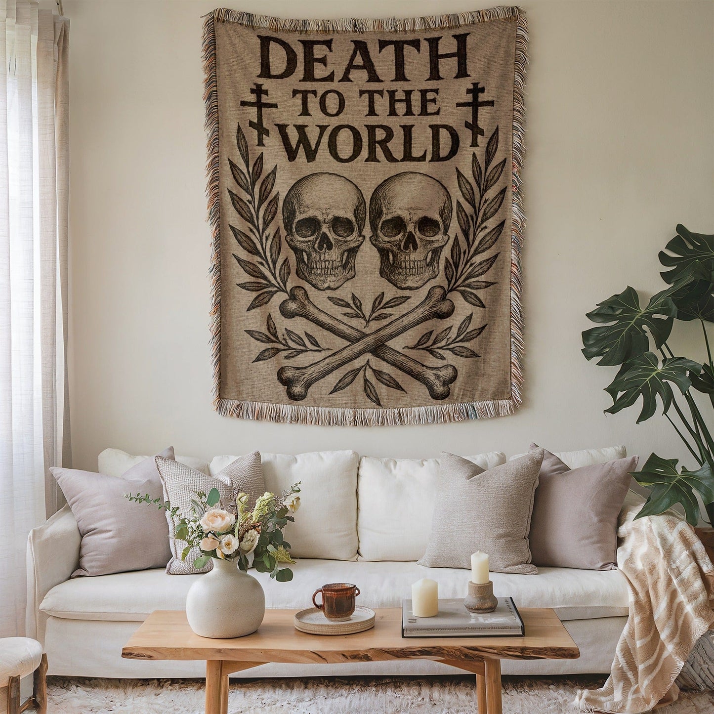 DEATH TO THE WORLD skulls and bones design tapestry