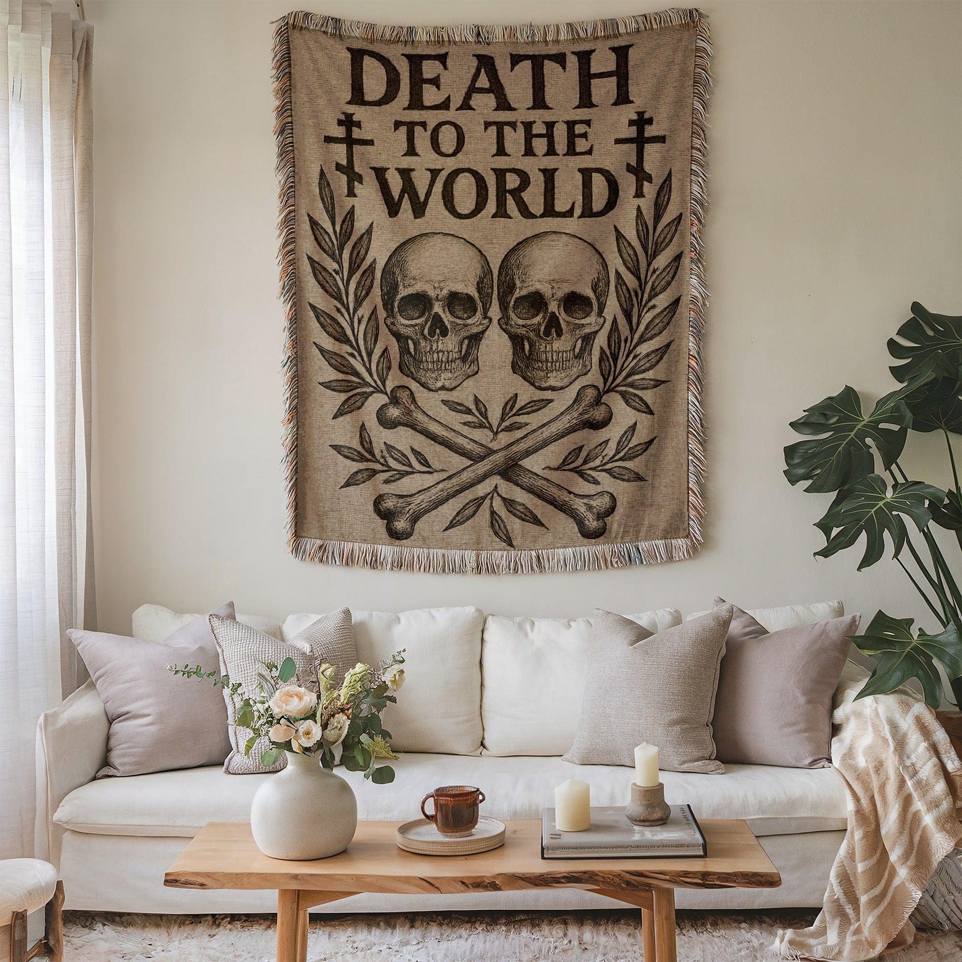 DEATH TO THE WORLD skulls and bones design tapestry
