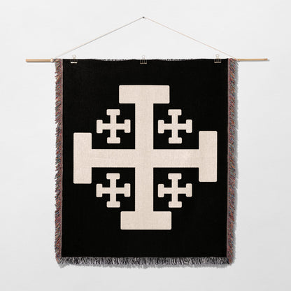 Black tapestry with a large white Crusader's Cross design.