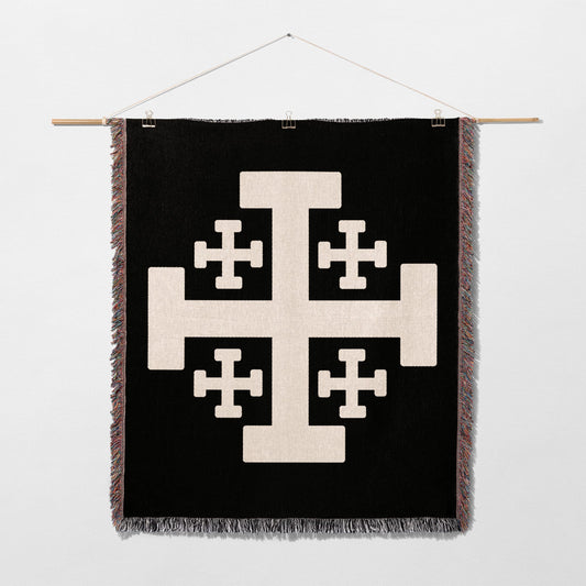 Black tapestry with a large white Crusader's Cross design.