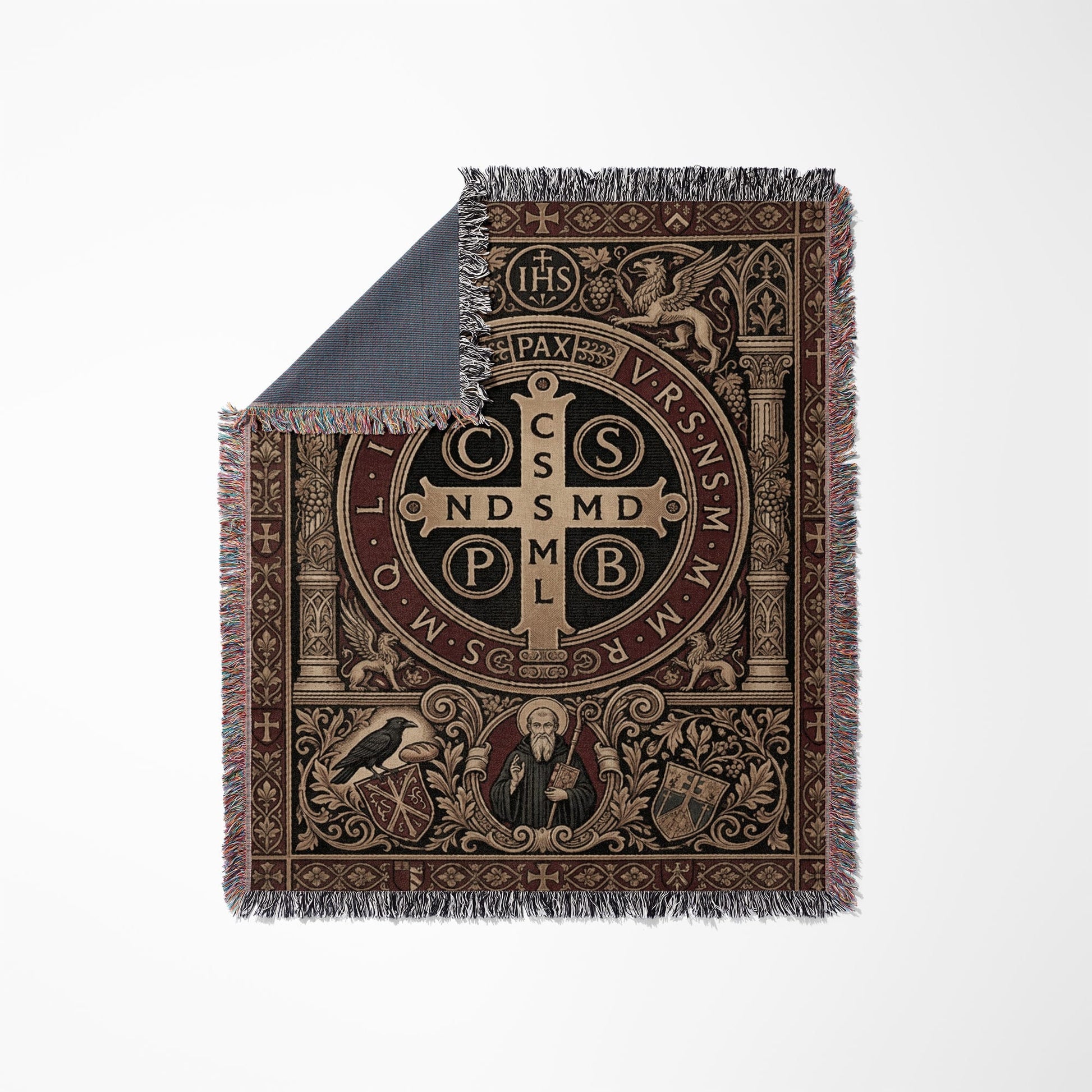 Woven tapestry with Saint Benedict medal and surrounding symbolic imagery.
