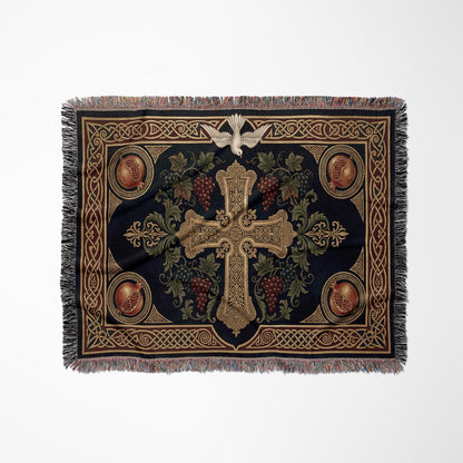 CalmNestStyle Cross with Vine and Celtic Knots jacquard woven blanket