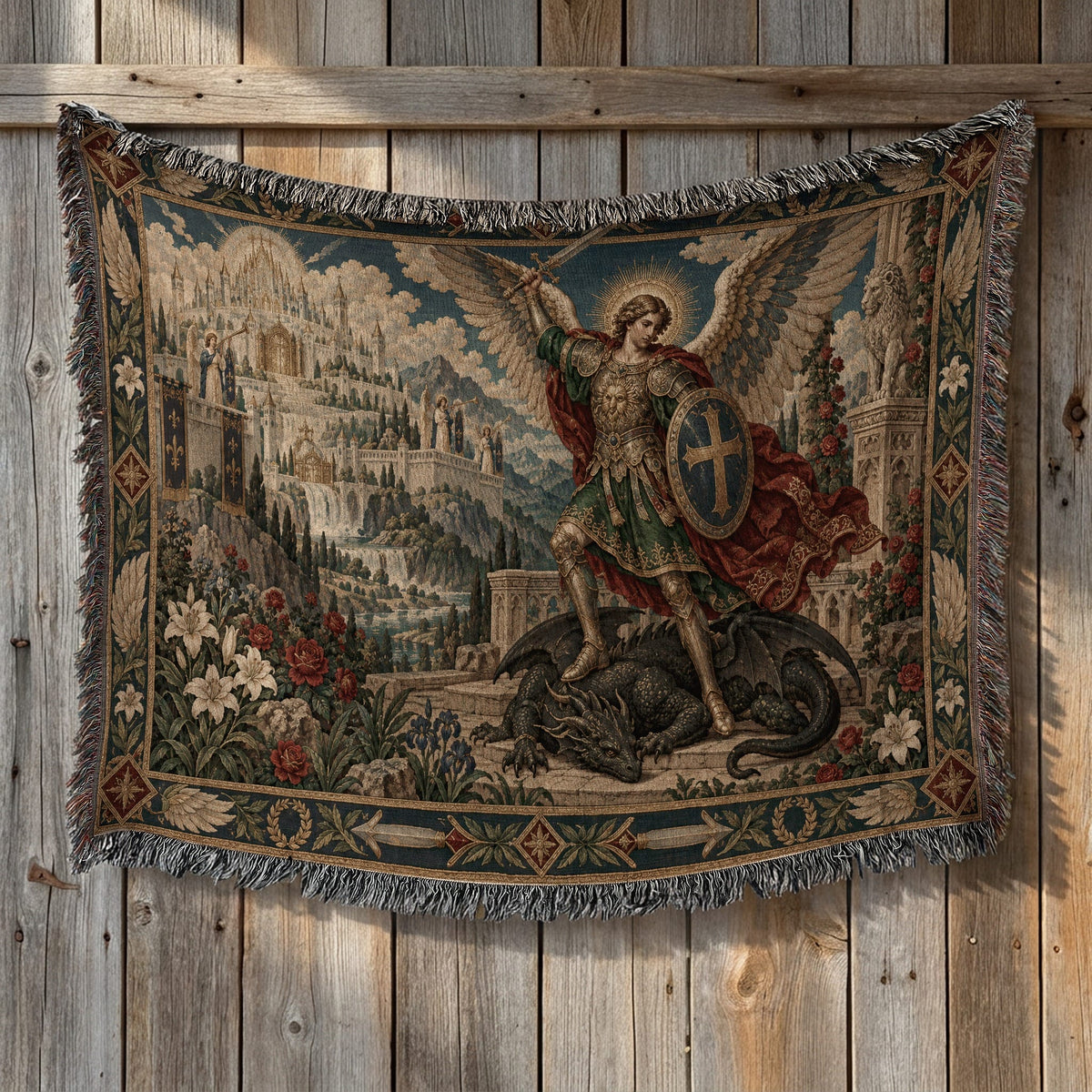CalmNestStyle Saint Michael and the Dragon jacquard woven blanket