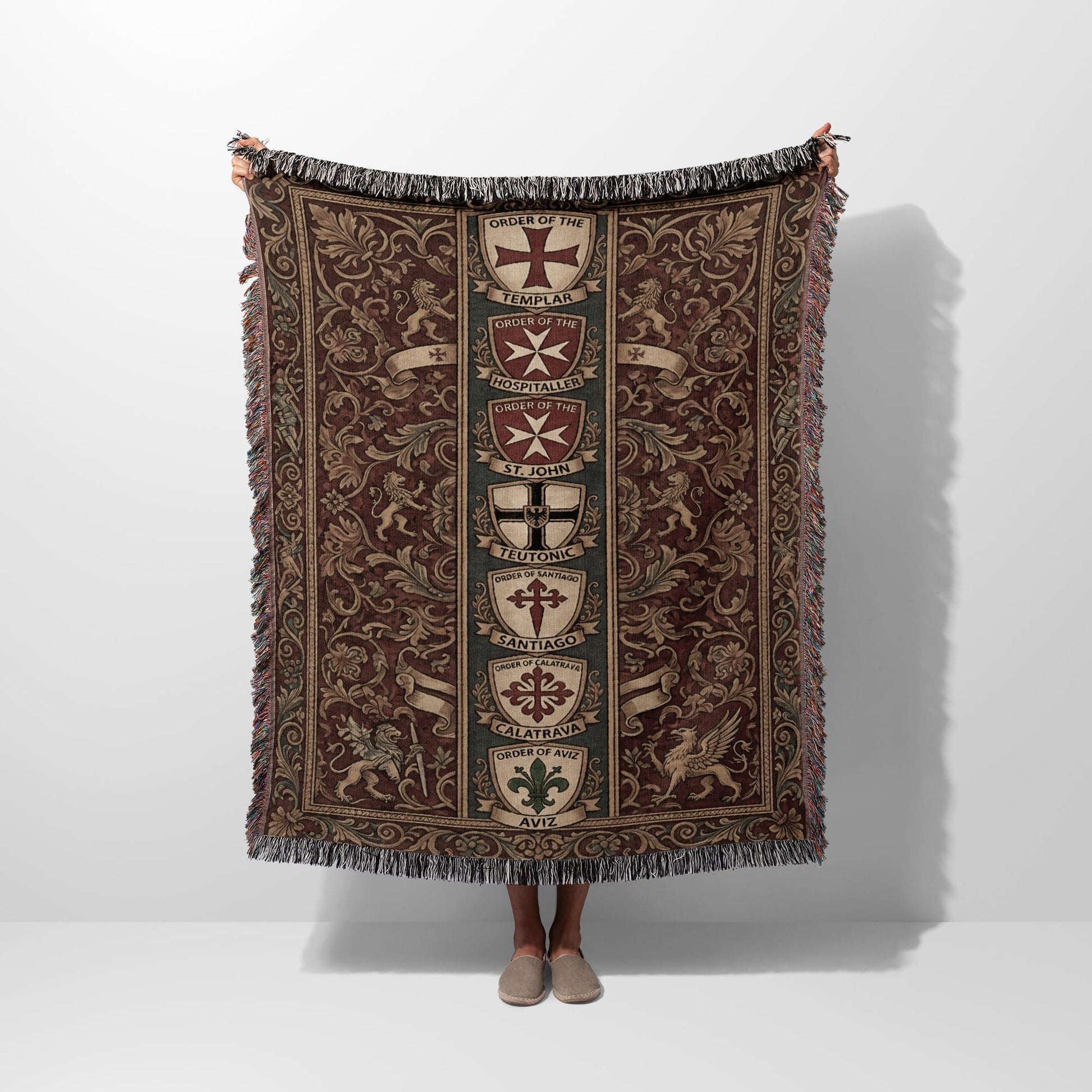 Tapestry throw with ornate design and crests for Templar, Teutonic, Santiago, and Calatrava orders.