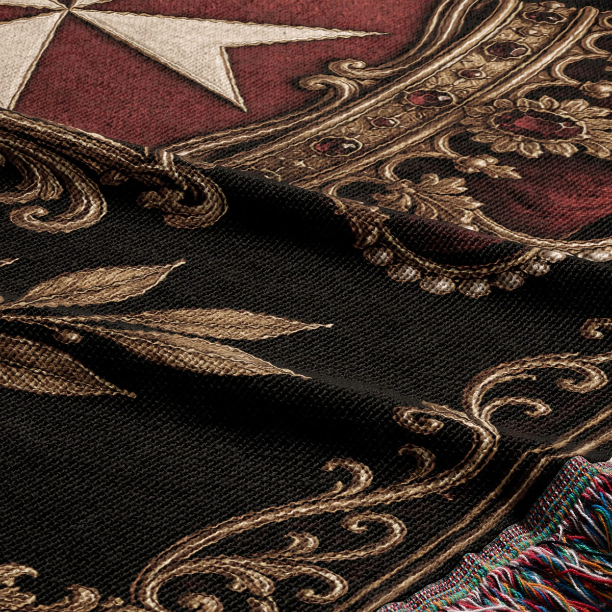 CalmNestStyle Order of Malta Crown and Laurel Black Gold Woven Blanket jacquard woven blanket