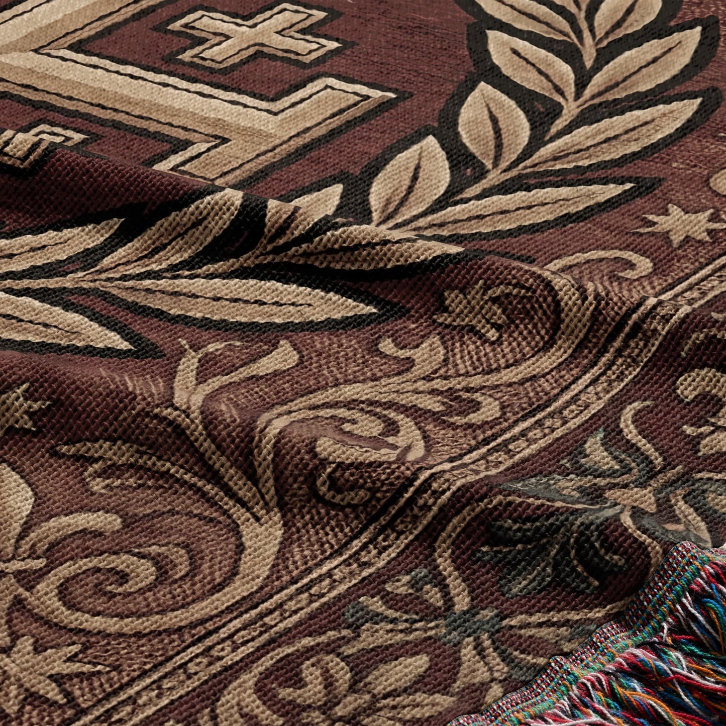 Woven tapestry blanket with embossed geometric and floral patterns and colorful fringe.