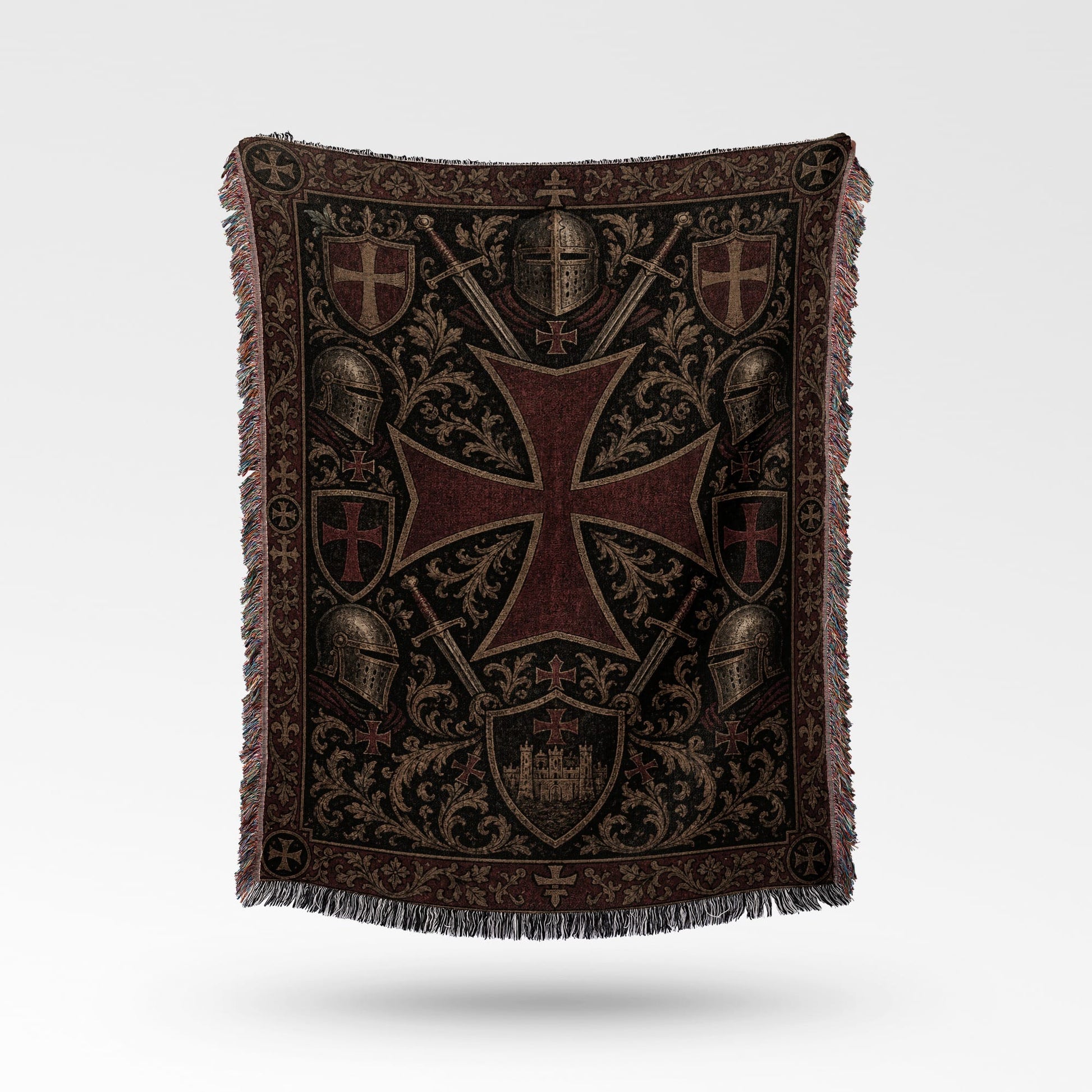 Woven tapestry blanket with a large red cross and knightly crests.