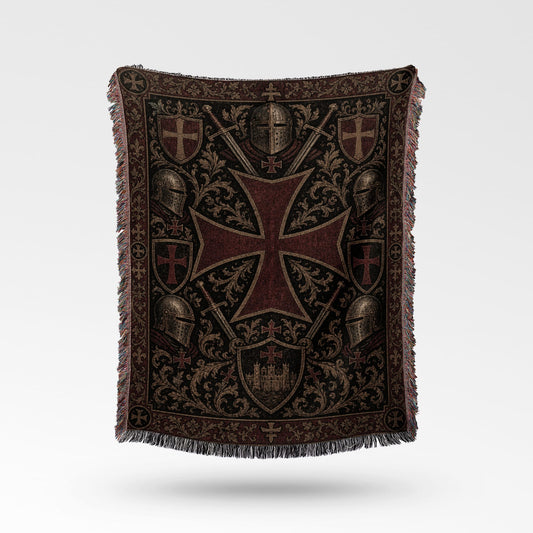 Woven tapestry blanket with a large red cross and knightly crests.