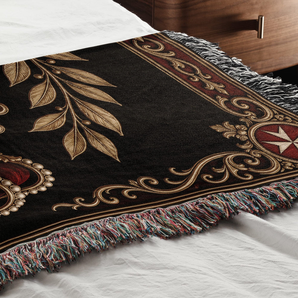 CalmNestStyle Order of Malta Crown and Laurel Black Gold Woven Blanket jacquard woven blanket