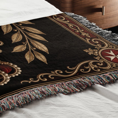 CalmNestStyle Order of Malta Crown and Laurel Black Gold Woven Blanket jacquard woven blanket