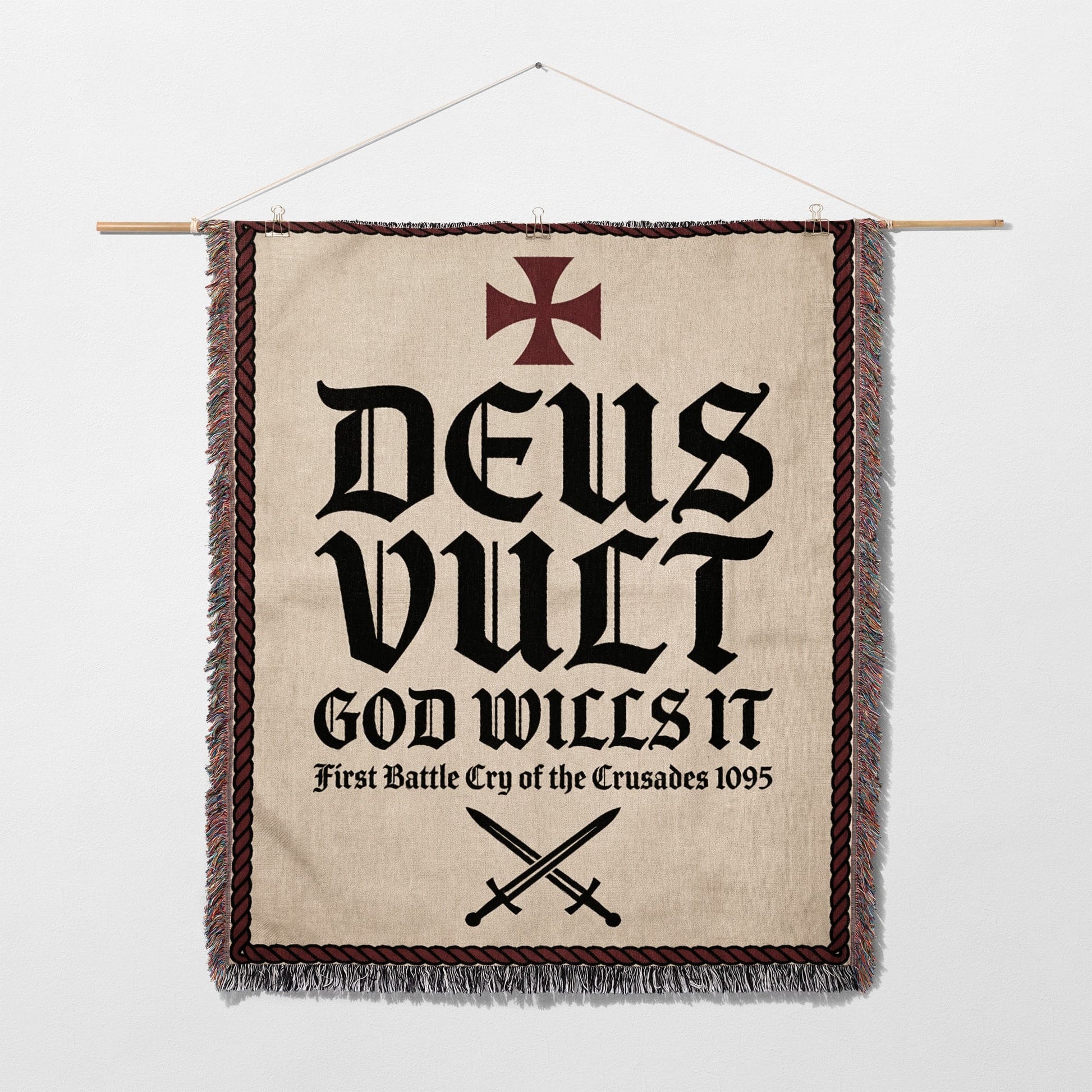 Deus Vult banner with swords, from the First Battle Cry of the Crusades.