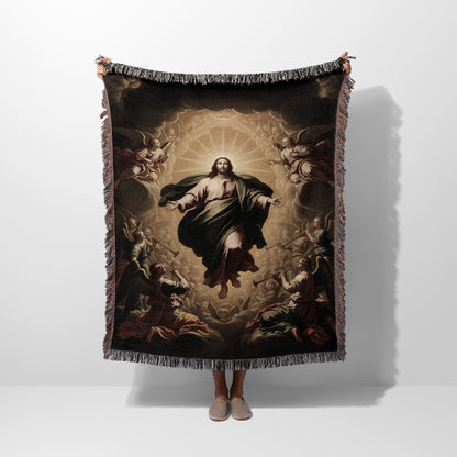 Jesus ascending with angels surrounding him, depicted on a woven blanket.