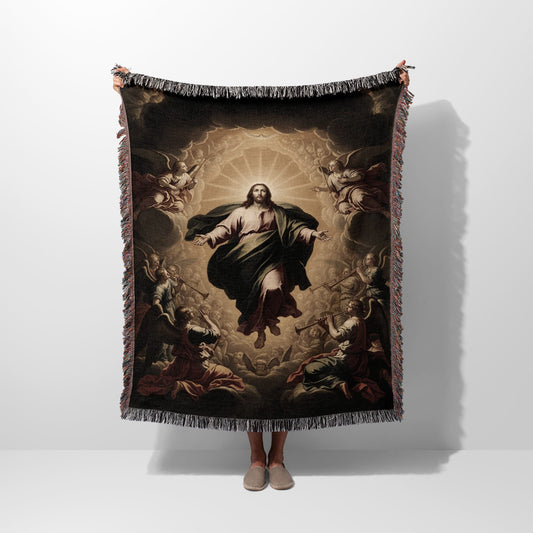 Jesus ascending with angels surrounding him, depicted on a woven blanket.