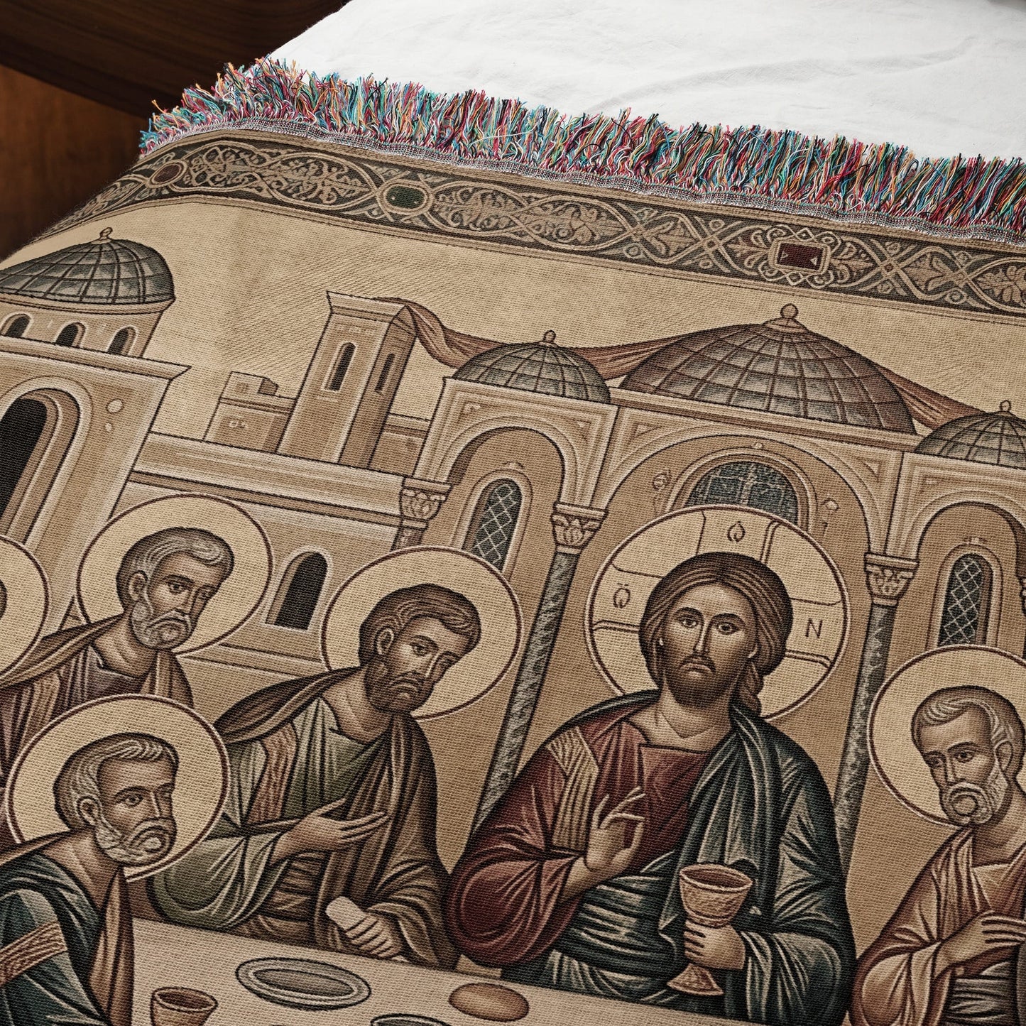 MyDesigns Cream Gold Last Supper Landscape Tapestry - Byzantine Icon jacquard woven blanket