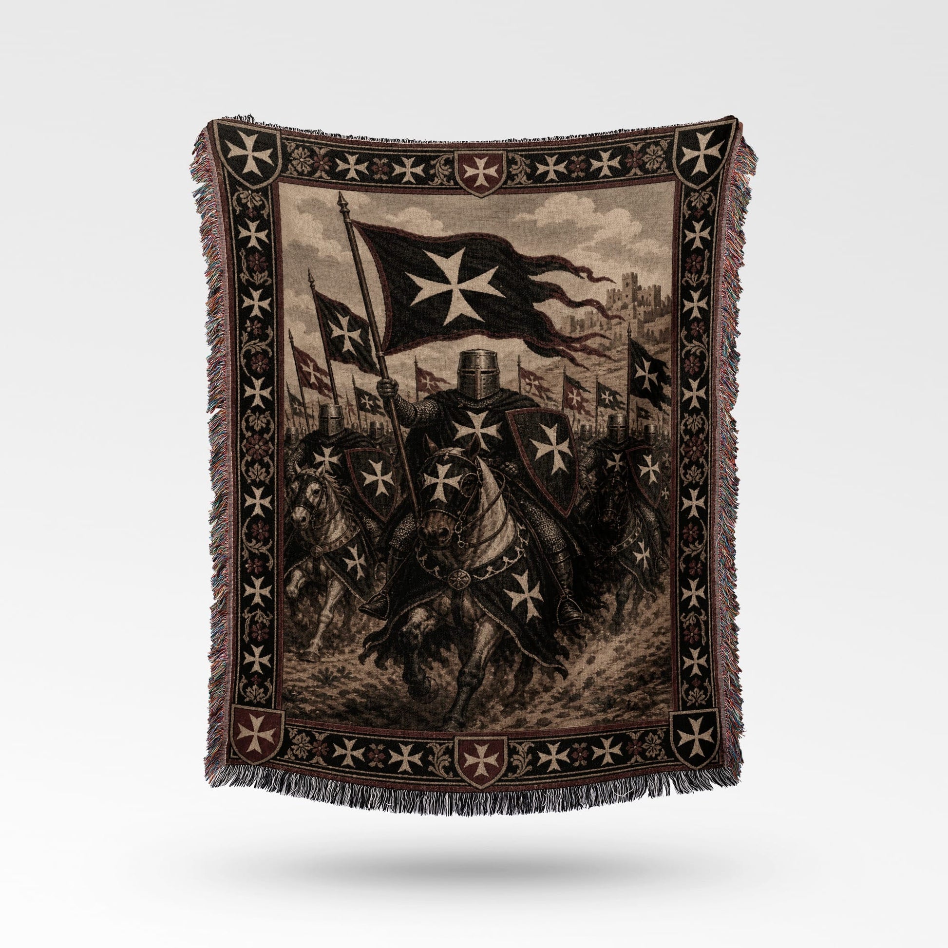 Knights Templar on horseback charging with flags, detailed medieval tapestry blanket.