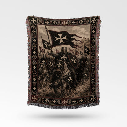 Knights Templar on horseback charging with flags, detailed medieval tapestry blanket.