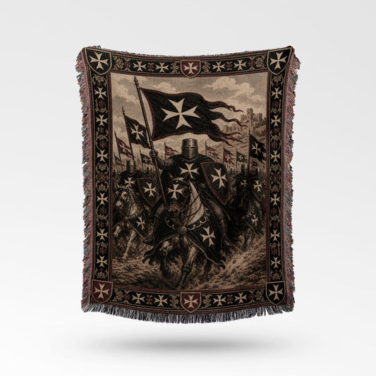 Knights Templar on horseback charging with flags, detailed medieval tapestry blanket.