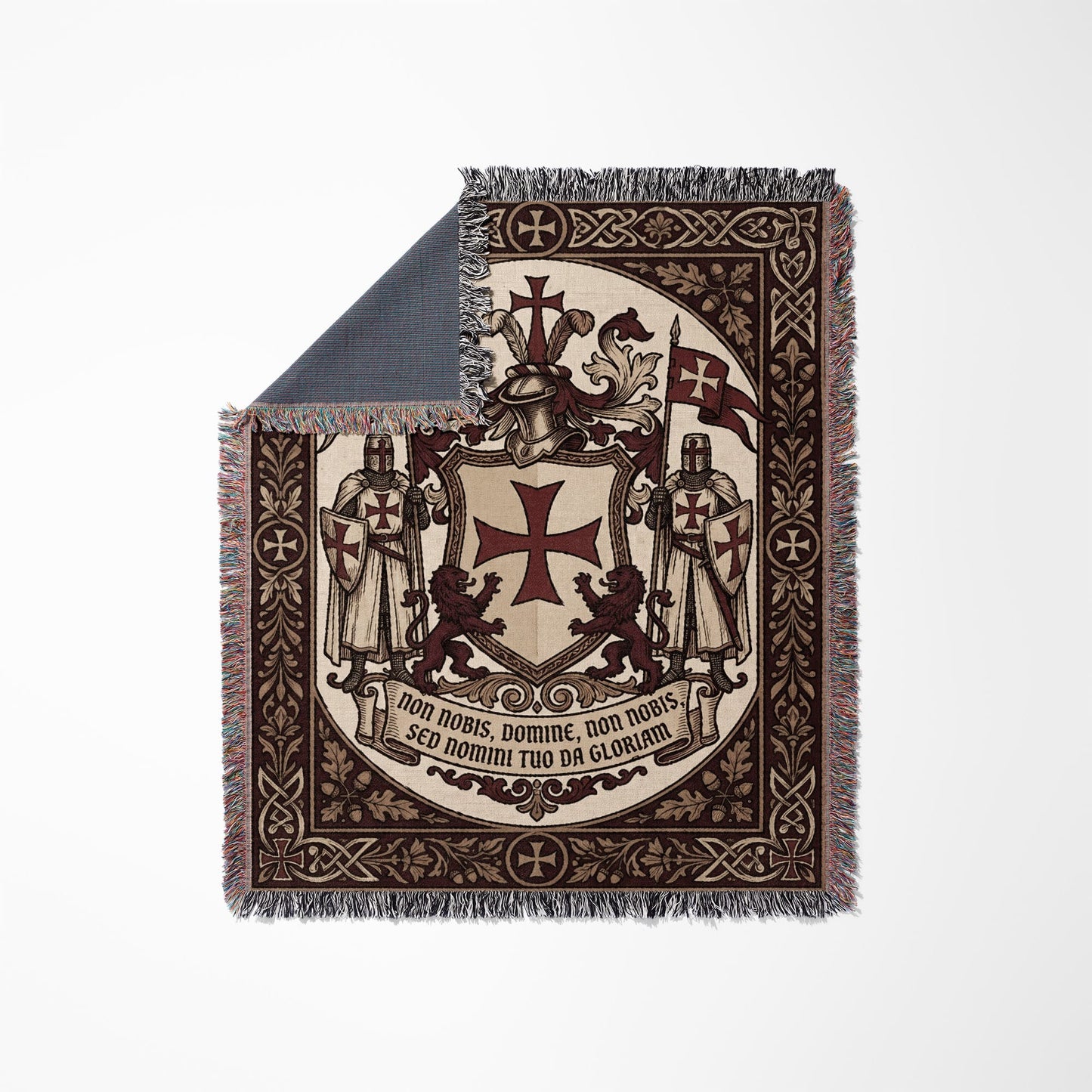 Tapestry blanket with Knights Templar coat of arms and Latin inscription.