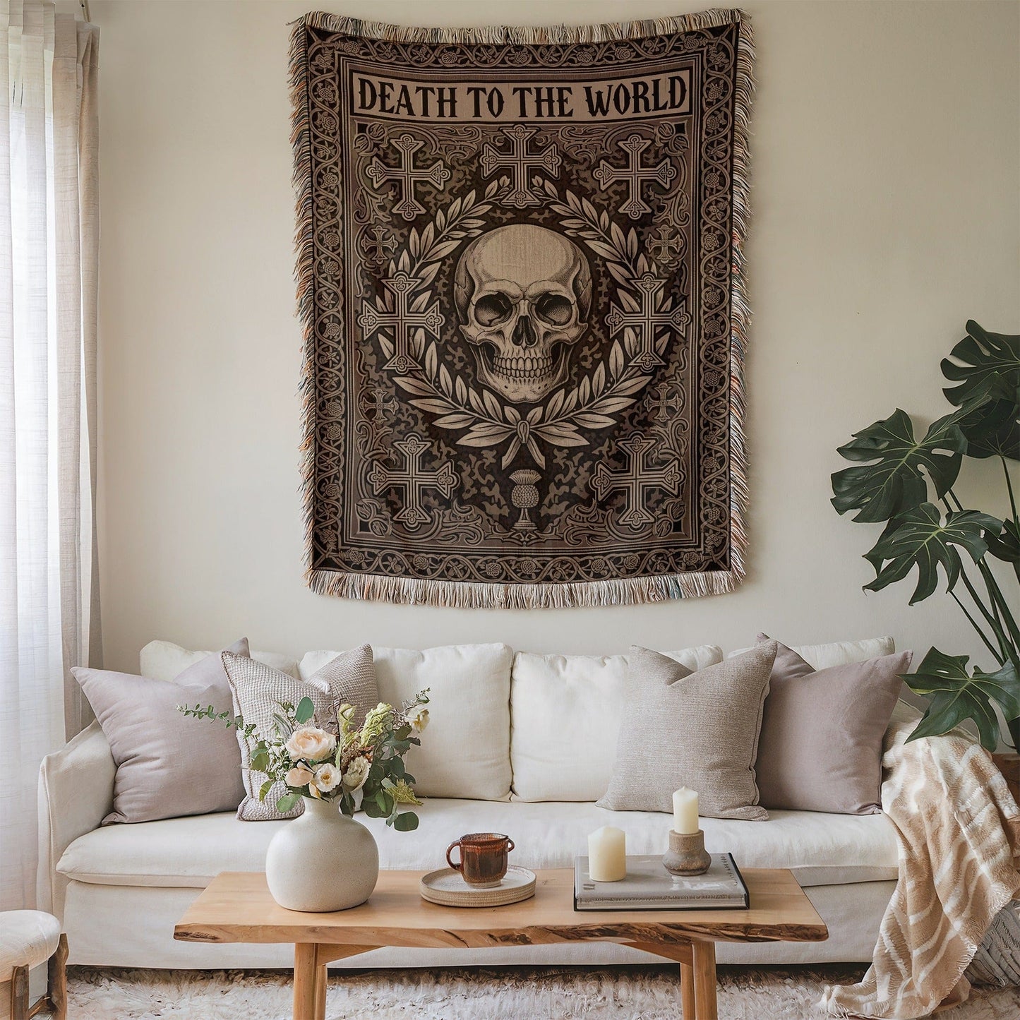 Death to the World Skull Tapestry Wall Art