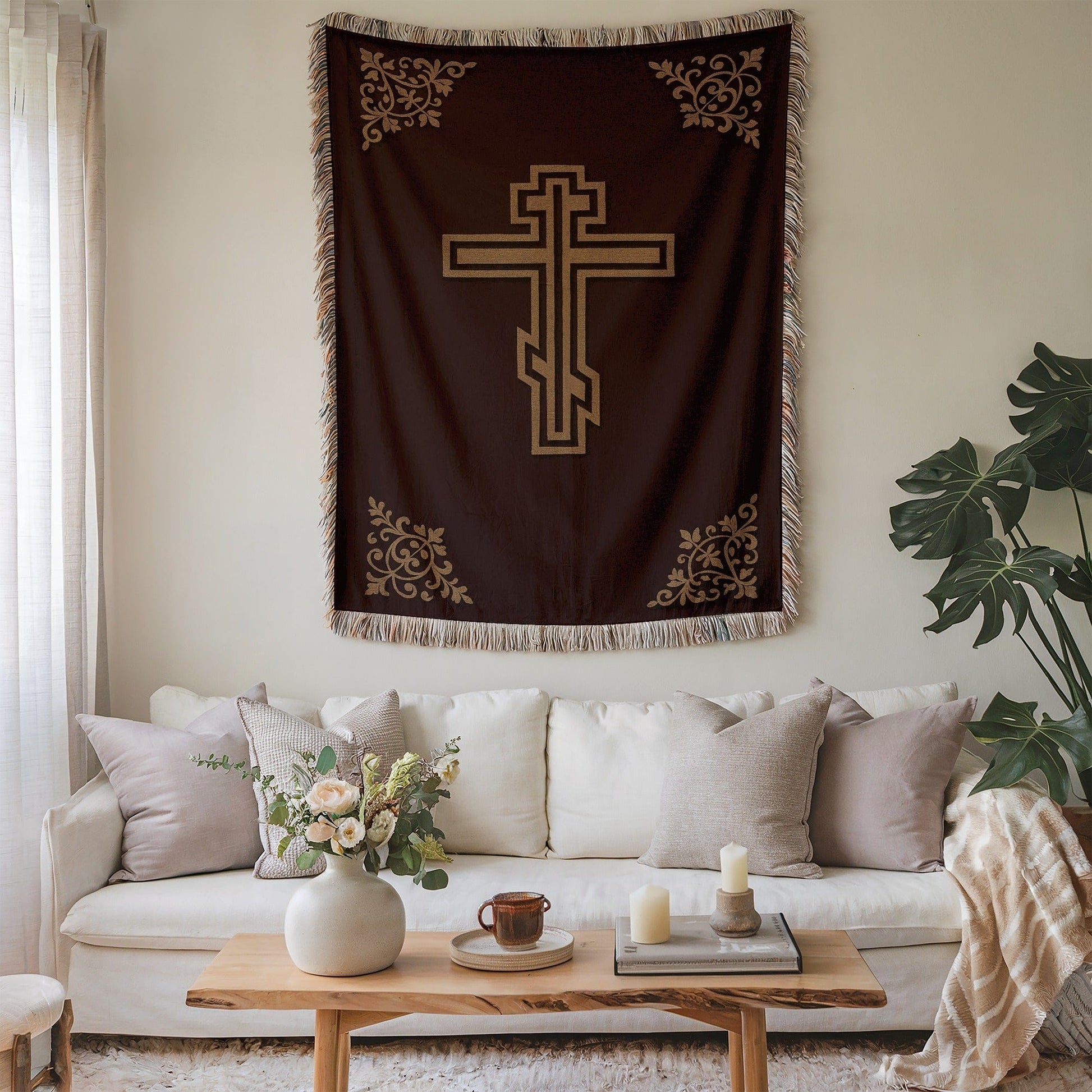 Ornate Cross Design Brown Tapestry Wall Hanging