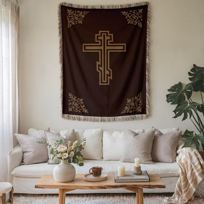 Ornate Cross Design Brown Tapestry Wall Hanging