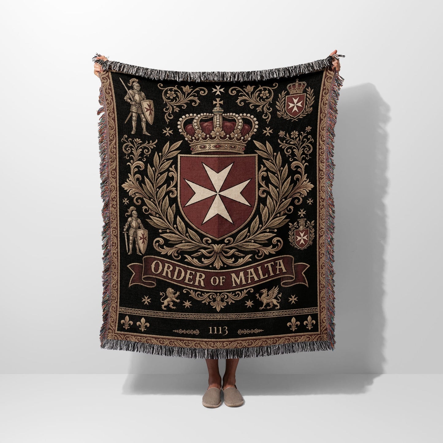 Tapestry blanket with Order of Malta crest, knights, lions, and the year 1113.