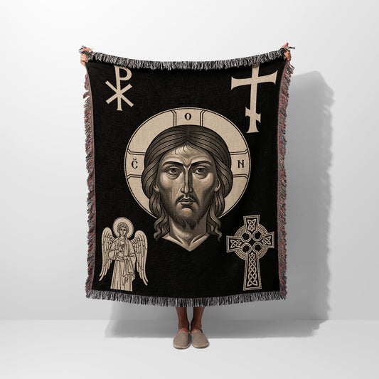Tapestry depicting Jesus Christ, an angel, and Celtic knot cross with Greek letters.