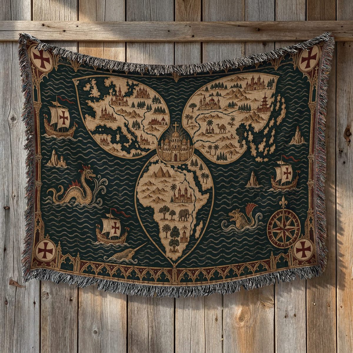 CalmNestStyle Mappa Mundi I Three Continents jacquard woven blanket