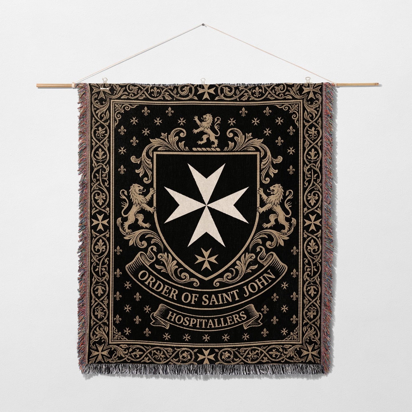 Black tapestry with Order of Saint John crest and lions.