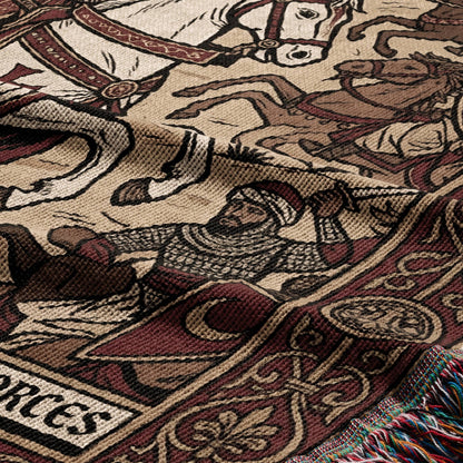Tapestry featuring a battle scene with horseback riders and a crescent moon motif.