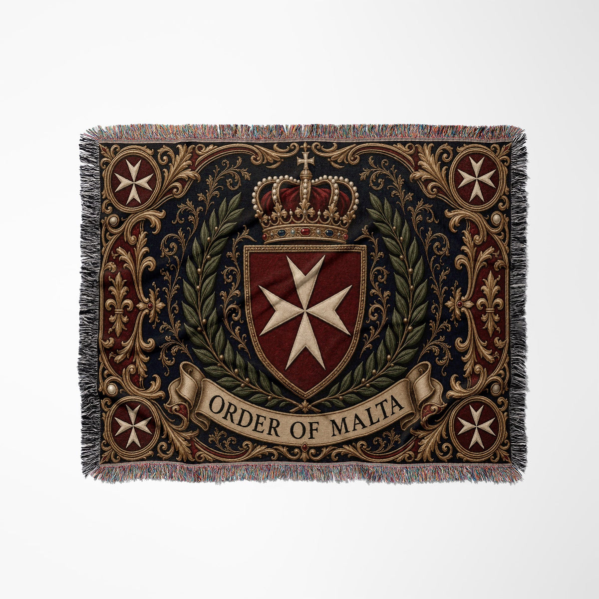 CalmNestStyle Order of Malta Crowned Crest Navy Laurel Woven Blanket jacquard woven blanket