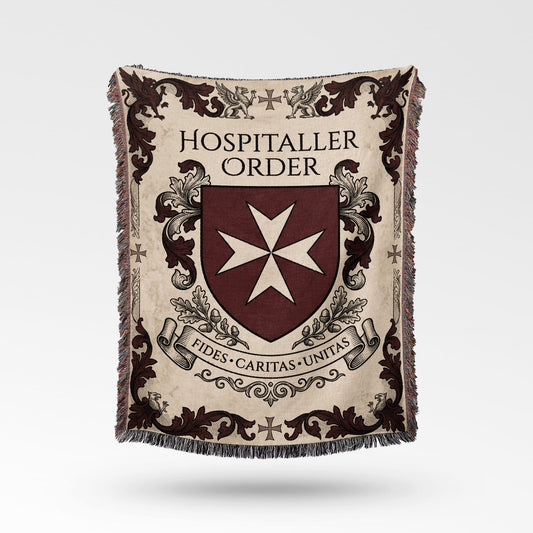 Hospitaller Order crest with Maltese cross and Latin motto on a blanket.