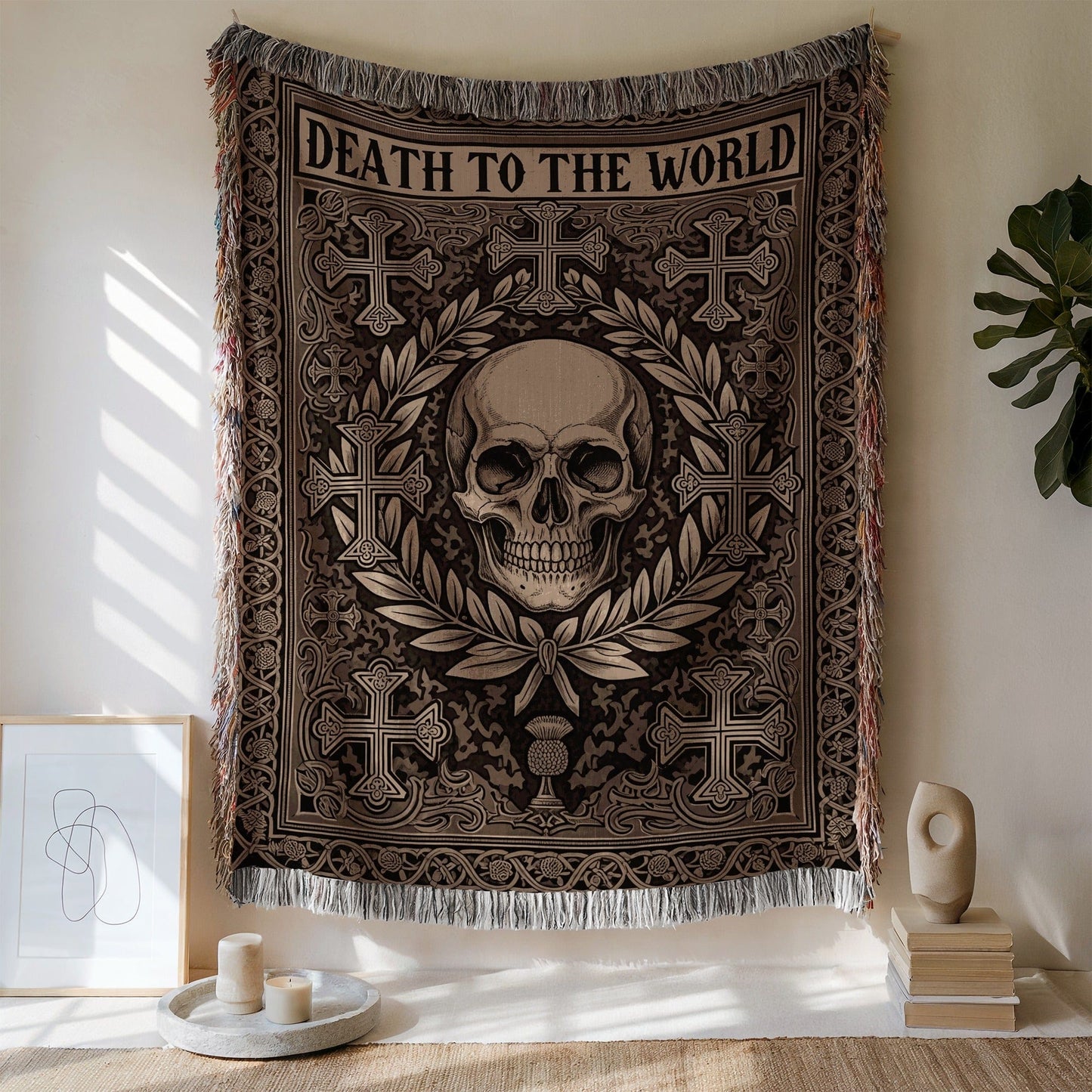 Death To The World Skull Tapestry Wall Hanging