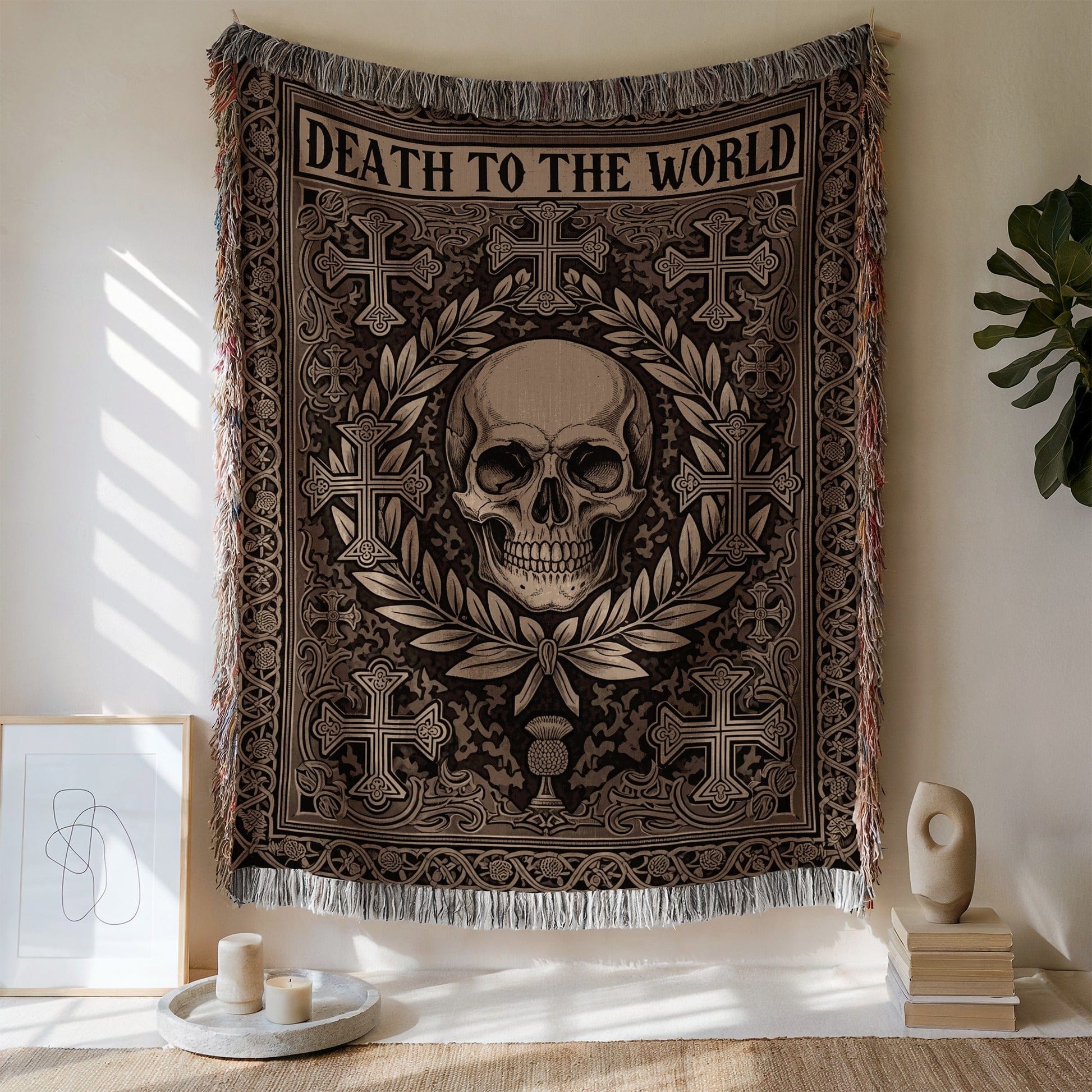 Death To The World Skull Tapestry Wall Hanging
