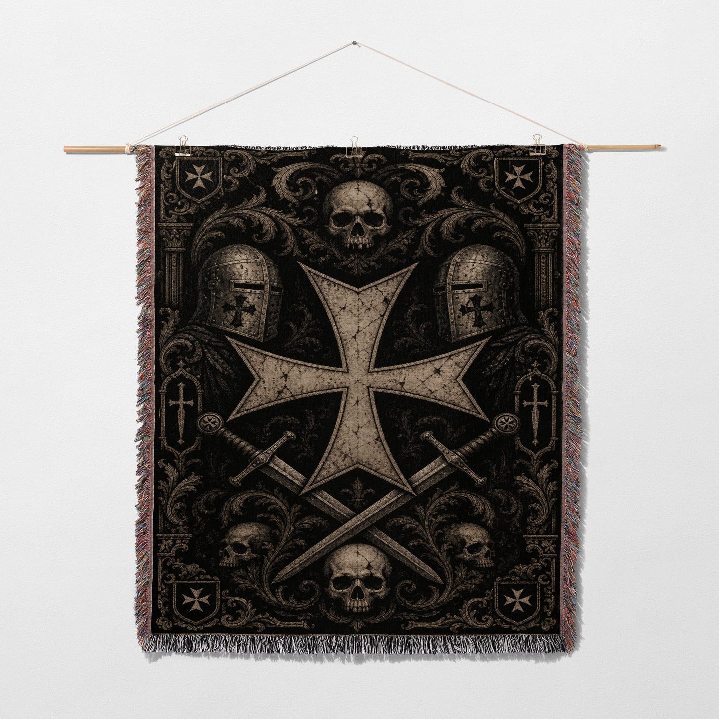 Tapestry featuring a large Templar cross with swords and skulls.