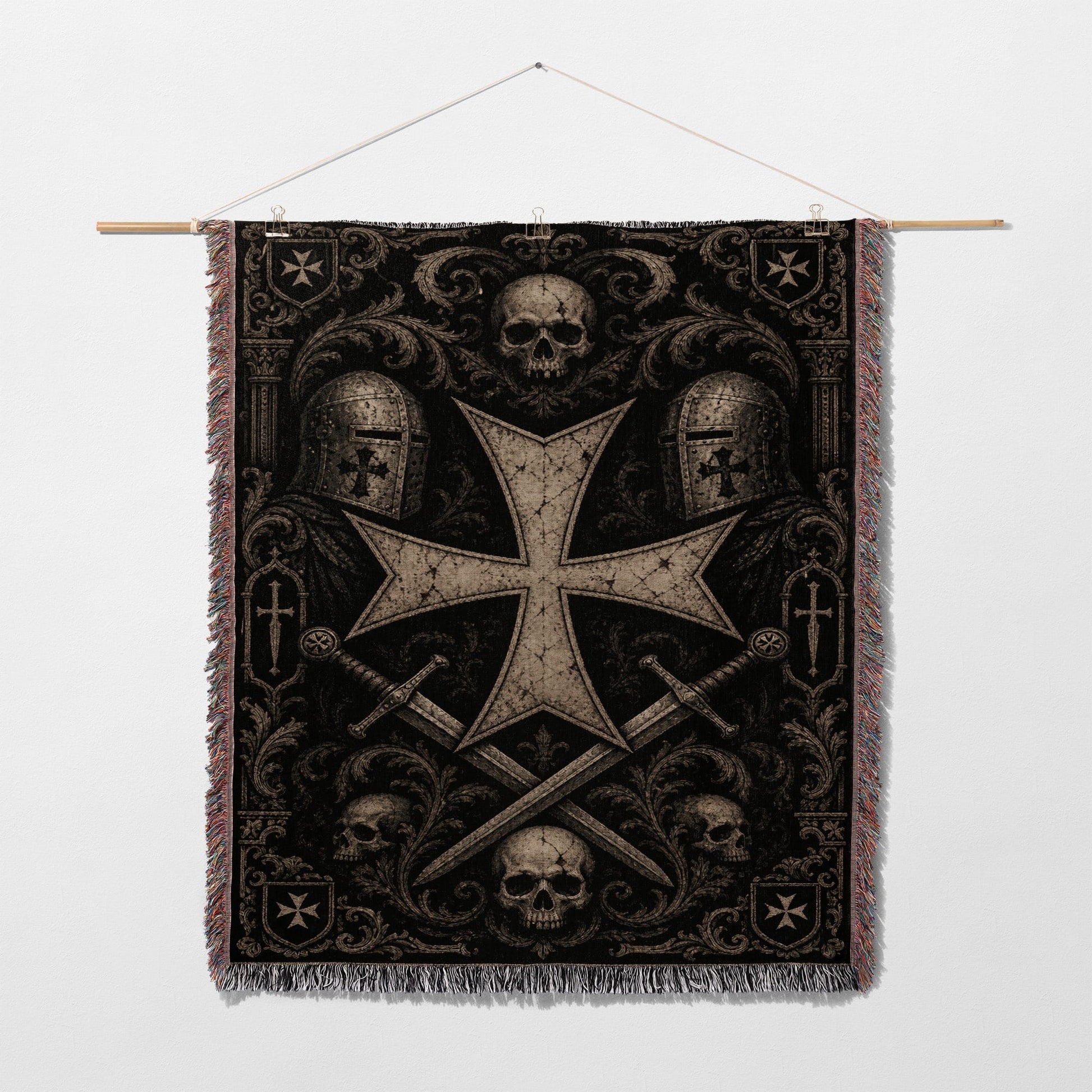 Tapestry featuring a large Templar cross with swords and skulls.
