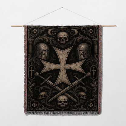 Tapestry featuring a large Templar cross with swords and skulls.